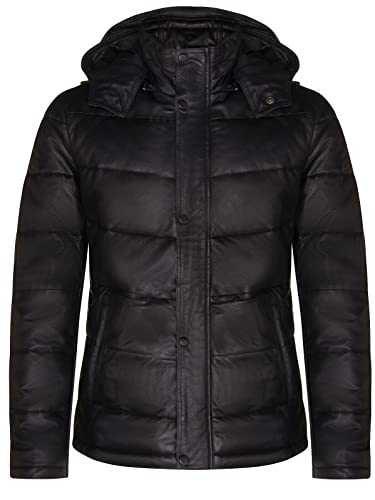 Men's Puffer Black Leather Quilted Warm Bomber Hooded Jacket