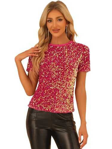 Allegra K Women's Velvet Sequin Top Crew Neck Short Sleeve Party Clubwear Blouse