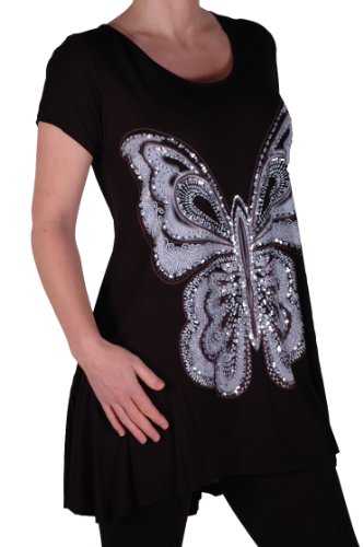 Eyecatch Plus - Butterfly Motif Long Womens Short Sleeve Loose Stretch Ladies Top Sizes 14-28