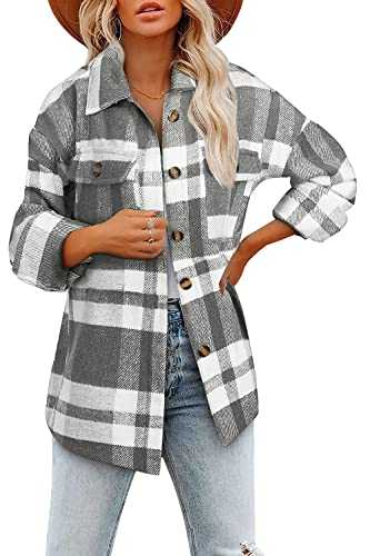 Hormtaer Women's Autumn Winter Casual Oversized Plaid Checked Shirts Fleece Shacket Jacket Coat with Pockets