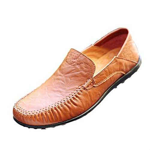 Driving Moccasins For Men Simple Moccasins Driving Shoes Leather Resistant Flexible Flat Heel Lightweight Anti-slip Driving Slip On (Color : Reddish Brown, Size : 6.5 UK)
