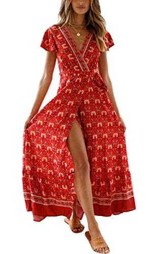 ECOWISH Women's Dresses Bohemian Wrap V Neck Short Sleeve Ethnic Style High Split Beach Maxi Dress