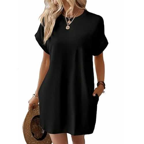 Women's Summer Dresses Casual Short Sleeve Mini Dress Loose Crew Neck T-Shirt Tunic Dress with Pockets