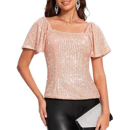 SHINROAD Square Collar Sequin Top Women Glitter Women’s Puff Short Sleeve Sparkling Blouse for Evening Parties Loose Fit Shirt