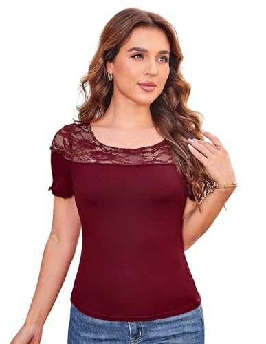 GRACE KARIN Women's Lace Patchwork Top Elegant Summer T-Shirt Slim Fit Short Sleeve Crew Neck Blouse