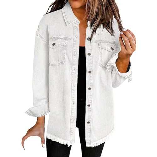 Denim Jacket for Women UK Womens Button Down Casual Long Frayed Hem Shacket Coats Long Sleeve Boyfriend Jean Jackets Ladies 2025 Spring Summer Washed Denim Solid Plus Size Coat