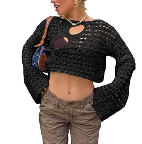 FeMereina Women Hollow Out Crochet Knit Sweater Crop Tops Long Sleeve Loose Fit Cropped Summer Fall Jumper Cover Up Pullover Tops Streetwear