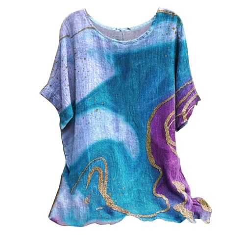 Ladies Linen Tops for Women UK Plus Size Casual Loose Leaf Butterfly Geometric Print Round Neck Short Sleeves Tops Cheesecloth T Shirts Blouse Sales Pullover Tunic Shirts Essential for Summer Vacation