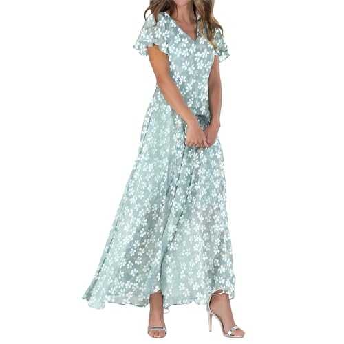 Bohemian Dresses for Women UK Floral Printing V-Neck Ruffle Sleeve Maxi Dress Ladies Short Sleeve Waistline Chiffon Boho Dresses Women's Beach Swing Long Dress Summer Holiday Sundress
