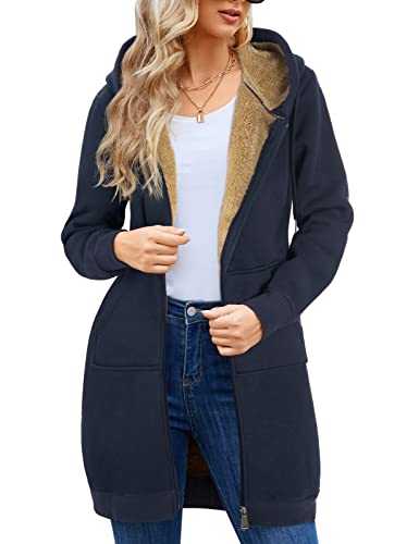 Nadeer Hoodies Coat Women Plain Sherpa Plush Zip Up Mid-Long Casual Warm Fleece Drawstring Ladies Hooded Sweatshirt Winter Long Sleeve Jacket with Pockets Outwear