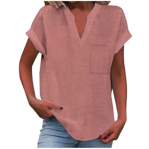 Women's Casual Cotton and Linen T-Shirt Short Sleeved V-Neck Breathable Pullover, Loose Plus Size Outerwear, Work Shirt, Ladies Summer Comfort Clothing with Pockets/no Pockets