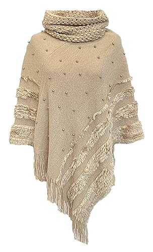 Rayson Womens Knitted Poncho with Fringe Stretch Cowl Polo Neck Elegant Versatile Wrap Cape with Beads for Winter