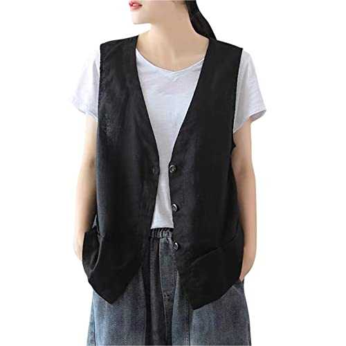 PAIDAXING Linen Vests for Women UK Cotton Sleeveless V-Neck Blazer Waistcoat Jacket with Pockets Ladies Summer Spring Lightweight Button Down Gilets