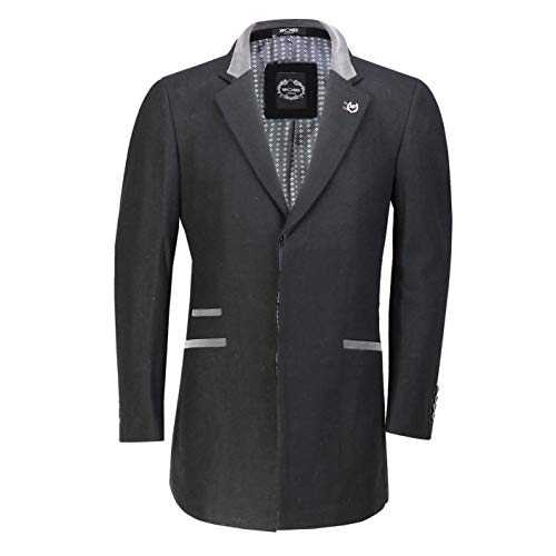 Xposed BLAKE - Mens Retro 3/4 Long Black Grey Overcoat Jacket Wool Blend Smart Formal Tailored Fit Top Coat