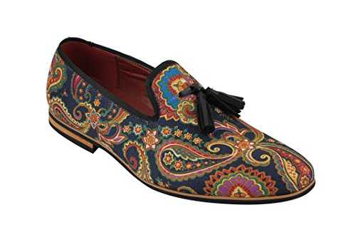 Xposed Mens Leather Tassel Loafer Vintage Designer Style Paisley Print Shoes Black Blue