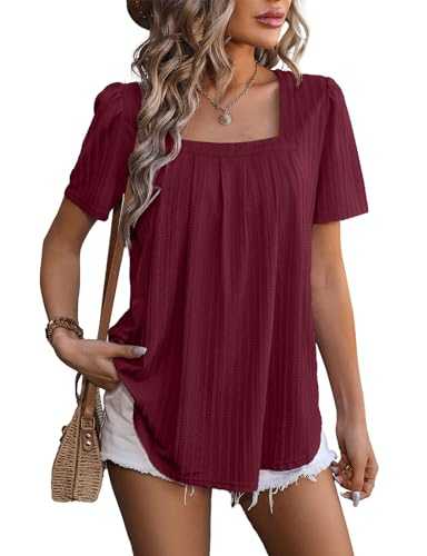 Womens Blouses Square Neck Tops Puff Short Sleeve Ladies Tops Pleated Tunic Clothes Flowy Solid Spring Summer Casual T Shirts S-XXL