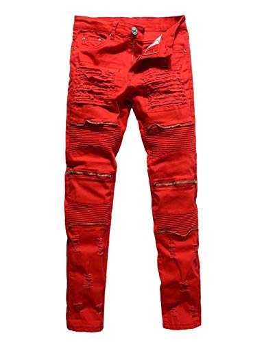 Men's Ripped Slim Distressed Jeans Straight Fit Biker Moto Denim Pants with Zipper Deco