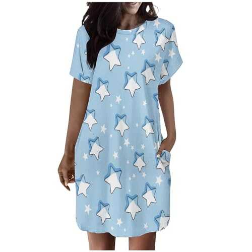 Floral Dresses for Women UK Sale Clearance Summer Short Sleeve T Shirt Dress Casual Beach Mini Dress Round Neck Short A Line Dresses Holiday Sundresses with Pockets Size 8-16