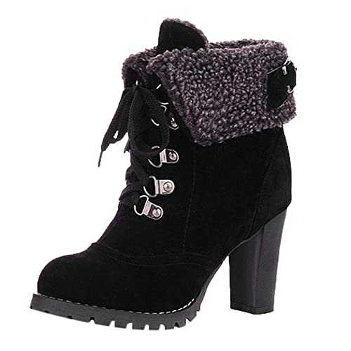 DGHM Winter Snow Boots Solid Color Fashion Comforty Work Shoes Ladies High Heels Platform Shoes Chunky High Heels Collar Round Toe Shoes