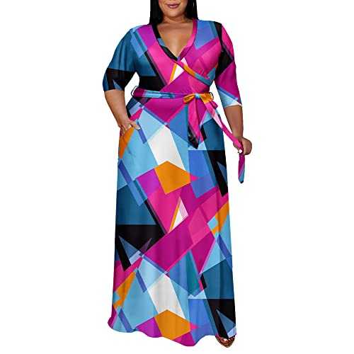 Runwind Plus Size Dress for Women - 3/4 Sleeve V Neck Printing Maxi Dresses for Women （XL-6XL）