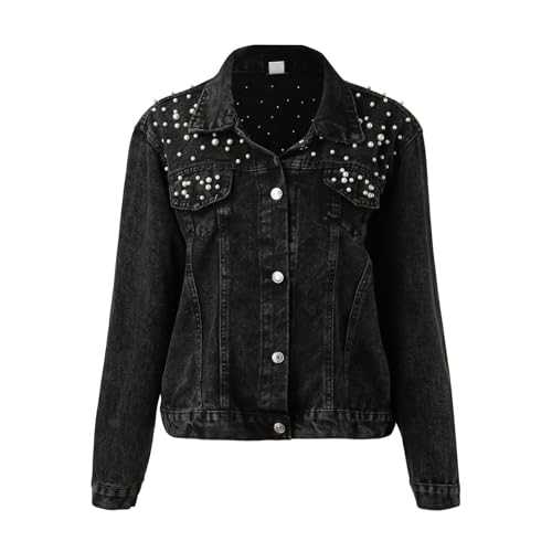 Women's Large Denim Jacket Embroidered Pearl Beaded Denim Jacket Coat Denim Jacket with Hoodie for Women plus Size