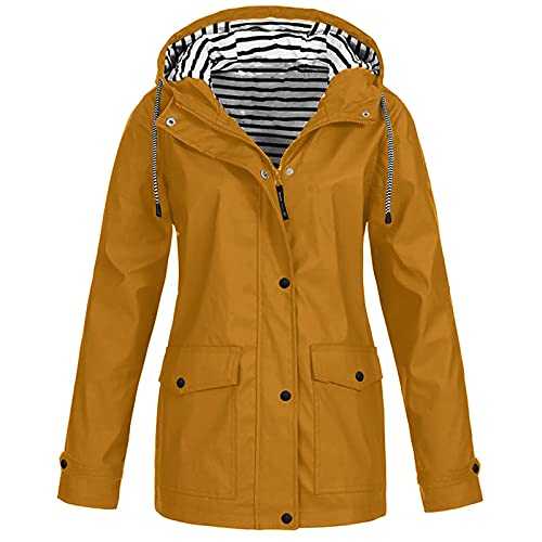 HOOUDO Women's Hooded Rain Coats Plus Size Lightweight Waterproof Jacket Drawstring Casual Rain Jackets Full Zipper Solid Raincoat Windproof Fall Winter Clothes Outerwear Hiking Mountain Outdoor Coat