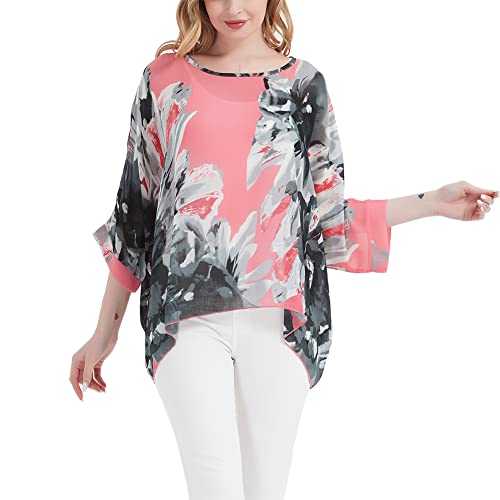 Max Hsuan Women Bohemian Floral Printed Blouse Batwing Sleeve Plus Sheer Chiffon Oversize Loose Top Tunic Tops