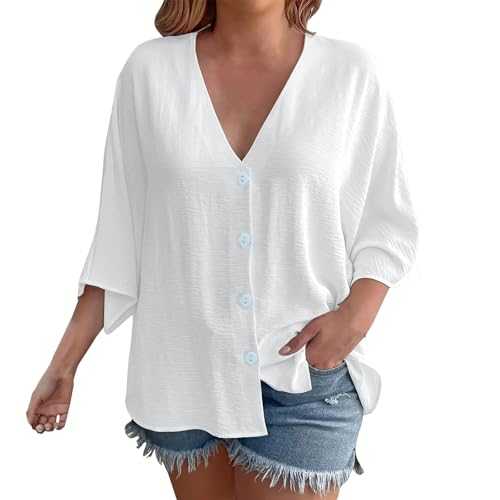 Short Sleeve Cardigan for Women UK 2025 Summer Cotton V Neck Button Up Loose Fit Solid Color Thin Lightweight Tops Casual 3/4 Sleeve Plus Size Shirt Ladies Y2K Outfits
