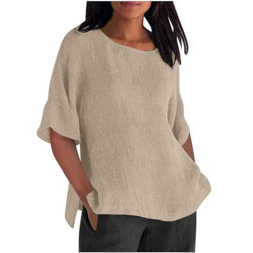 Women Linen Shirt Short Sleeve Blouse Half Sleeve Cotton Linen Shirts Loose Casual Round Neck T-Shirts Casual Going Out Tops Office Work Blouses Summer Clothes 2025 Solid Color Oversized Tshirt