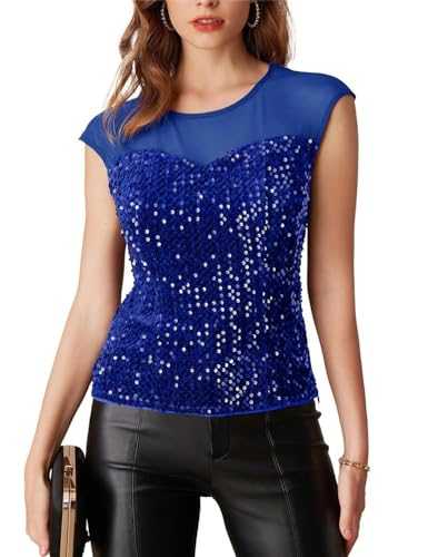 GRACE KARIN Women’s Sequin Top Crew Neck Cap Sleeve Mesh Velvet Tops Glitter Sparkly Party Tops Blouse