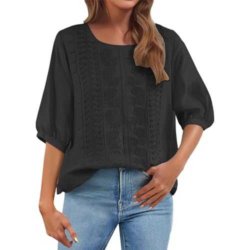 Cocila Womens Casual 3/4 Sleeve T-Shirts Ladies Tops 2025 Summer Embroidery Crew Neck Breathable Pleated Fashion Dressy Tunic Blouses Plus Size