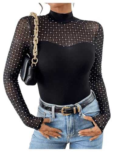 GORGLITTER Women's Sheer Mesh Tops Long Sleeve Mock Neck Fitted T-Shirt See Through Tee Shirts