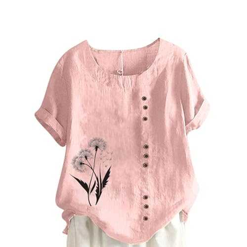 Linen Shirts for Women Summer Boho Tops Dressy Casual Trendy Vacation Blouse Floral Print Tees Plus Size T-Shirts Crewneck Button Up Blouses Loose Comfy Pullover Streetwear