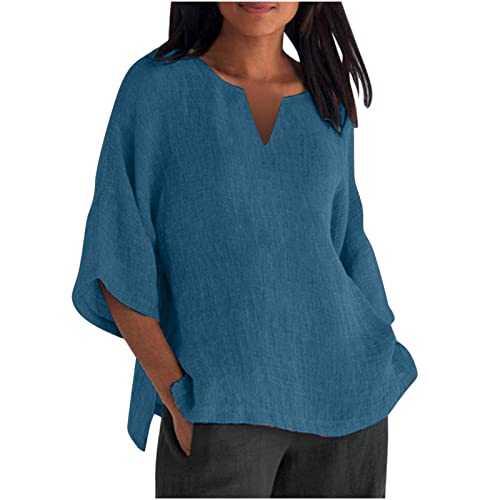 3/4 Sleeve Shirt Summer Tops Plus Size Linen Shirts for Women UK Casual Cotton Shirts Tshirt Tops Crewnecks Loose Shirt Oversized Tees Dressy Blouses Office Work Blouse