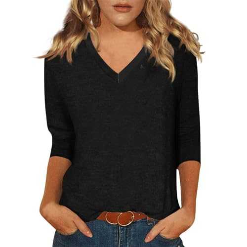 Womens Tops 3/4 Sleeve Summer Solid Plain Travel Cute Tops V Neck Slim Fit Half Sleeve Tshirts Shirts Spring Blouse Graphic Tees Cropped Tank Tops for Women