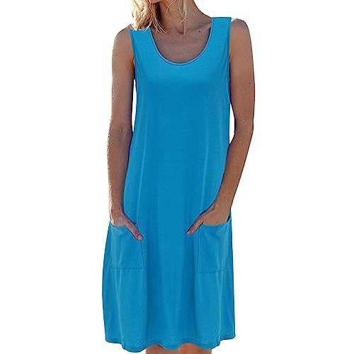Dress for Women Below Knees Crew Neck Solid Colour Sleeveless Knit Casual Vest Dress Pocket Dress Sleeveless Maxi Dress for Women