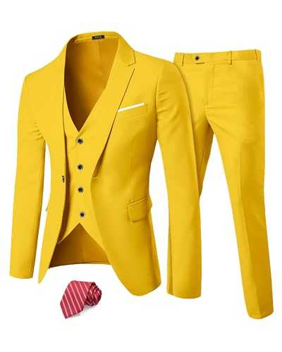 MYS Men's 3 Piece Slim Fit Suit Set, One Button Solid Jacket Vest Pants with Tie