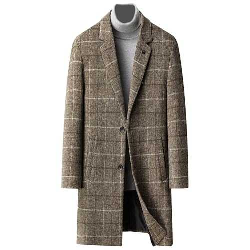 JEKE-DG Mens Plaid Wool Blend Trench Coat Winter Single Breasted Top Pea Coat Classic Stylish Business Overcoat