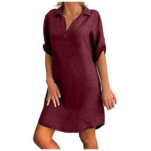 VEMOW Women Dresses Solid Color Half Sleeve Button Shirt Dress Summer Loose Cotton Casual Midi Dress Retro Lightweight T Shirt Dress Plus Size S 5XL