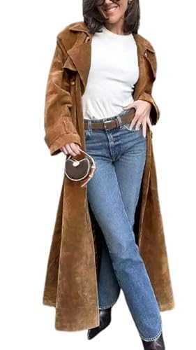 utcoco Womens Faux Suede Long Trench Coat Notched Lapel Double Breasted Pea Coat Overcoat with Belt