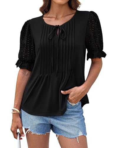 GRACE KARIN Women 2025 Solid Color Hollow Lace Bow Tie Puff Sleeve Pullover Blouse
