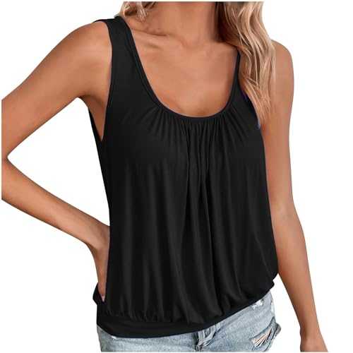 Vest Tops Women Loose Ruched Hem Tops Plain Round Scoop Neckline Elasticated Waist Slim Straps Swing Camisole Sleeveless Bubble Hem Vest Top Sale Clearance Ladies Casual Plain Tops Going Out