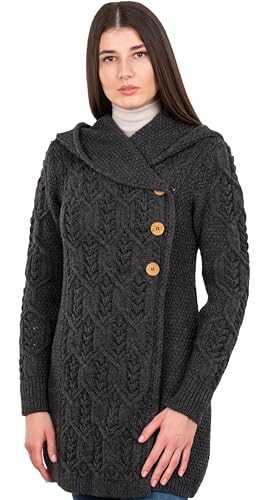 SAOL 100% Merino Wool Aran Leaf Shawl Collar Coat with Buttons for Women