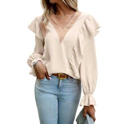 Atxnn Womens Blouses V Neck Tops Long Sleeve Boho Shirts with Lace Trim Loose Fit Flowy Tunic Top for Spring Fall