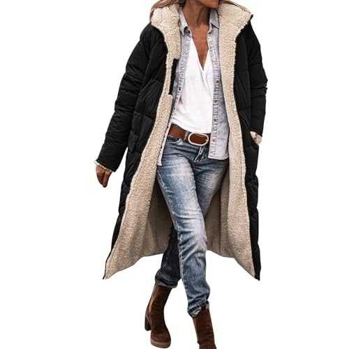 Winter Coats for Women UK Thick Fleece Lined Jacket Coat Plus Size Long Hooded Outwear Ladies Winter Warm Quilted Jackets Full Zip Longline Trench Coat with Pockets Outdoor Windproof Cotton Jacket