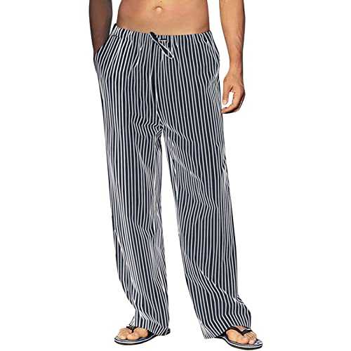 Stripe Linen Trousers Men: Tracksuit Bottoms Mens Loose Fit Summer Sweatpants Mens Fitness Running Trousers Lightweight Summer Trousers Breathable Striped Printed Cotton Trousers Casual Wide Leg Pants
