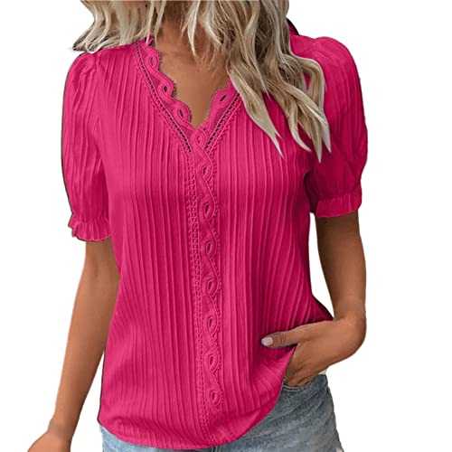 Womens Blouse, Women Summer Lace V Neck Plain Lace Elegant Shirt Fashion Solid Color Elegant Blouse Short Sleeve Comfy Soft Tee Women's Sweatshirts