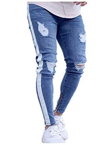 Bestgift Men Distressed Jeans Stretch Side Stripe Zipper Decor