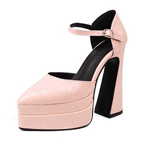 Women'S Pointed Toe Platform High Heels Buckle Ankle Strap Wedding Platform Dress Pumps Chunky Heel Shoes