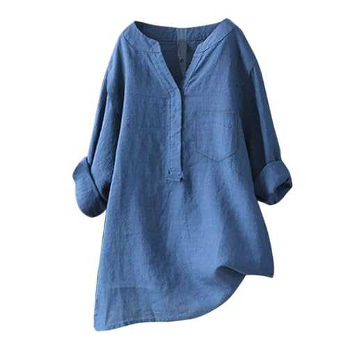 Linen Tops for Women UK Long Sleeve Button Wedding Tshirt Sales Womens Cotton Linen Shirts Solid 3/4 Sleeve Summer Vacation Tunic Top Oversized Tshirts Casual V Neck Blouses